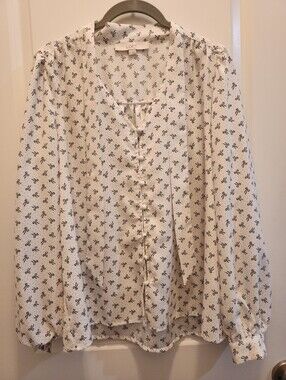 LOFT Cream Long-Sleeve Tie-Neck Blouse with Navy Bow Motif